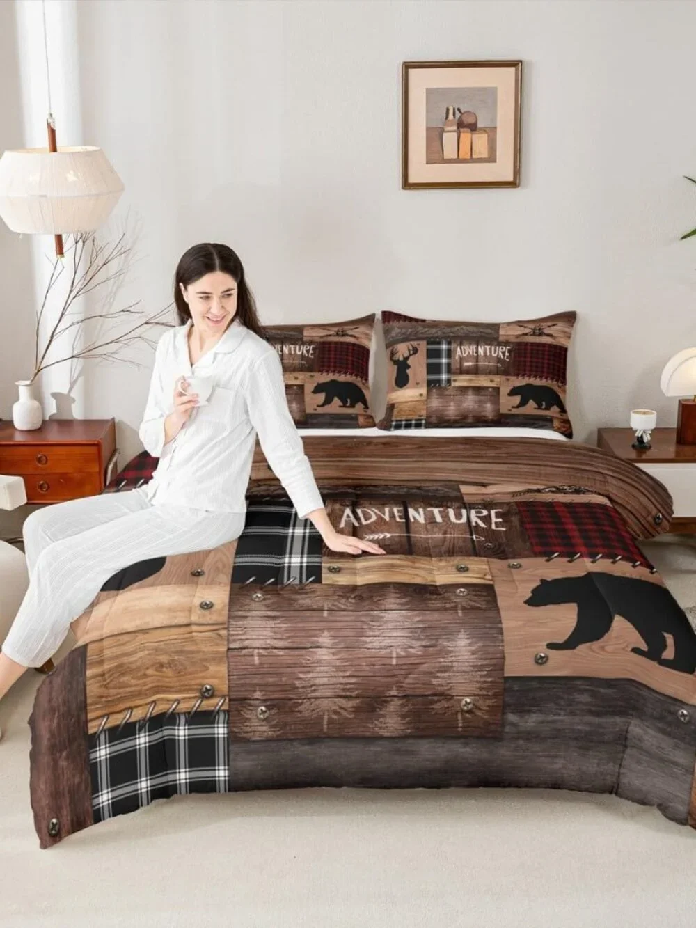 Rustic Cabin Comforter Set Twin Size,Farmhouse Bedding Set Kids Boys Girls Brown